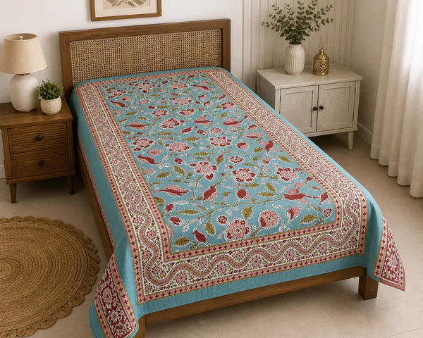 Kalamkari_Print_Cotton_Fabric_Blue_&_Beige_Floral_Design(Single_Bedsheet)