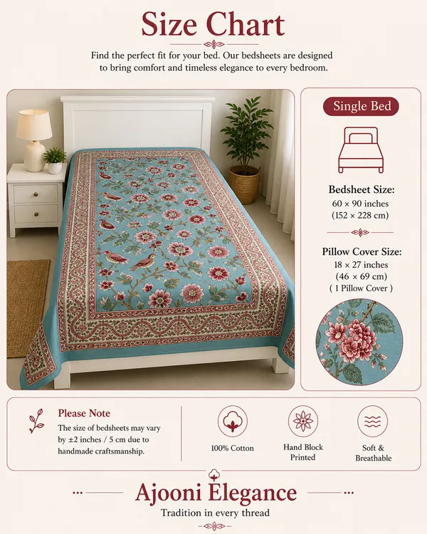 Kalamkari_Print_Cotton_Fabric_Blue_&_Beige_Floral_Design(Single_Bedsheet)