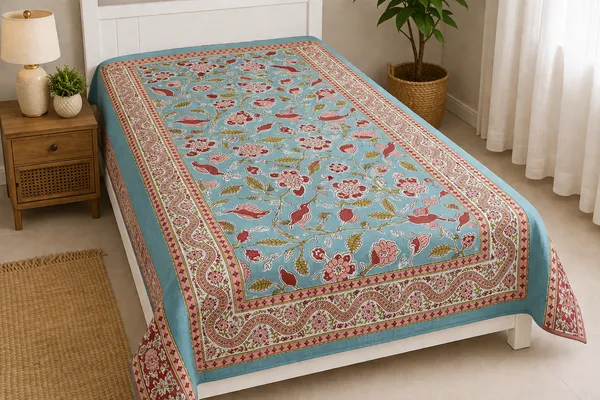 Kalamkari_Print_Cotton_Fabric_Blue_&_Beige_Floral_Design(Single_Bedsheet)