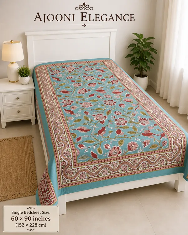 Kalamkari_Print_Cotton_Fabric_Blue_&_Beige_Floral_Design(Single_Bedsheet)