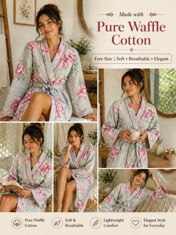 Pure_Waffle_Cotton_Floral_Print_Bathrobe_For_Womenfree_Size