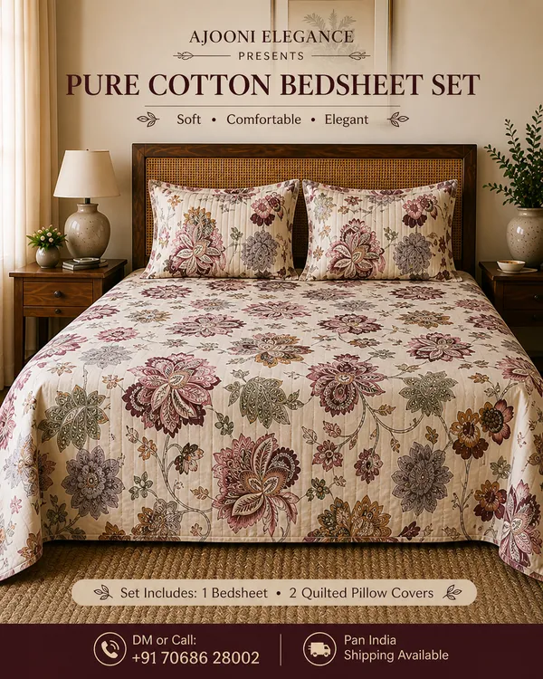 Floral_Print_Sheer_Curtain_With_Embroidered_Details_Super_King_Bedsheet_With_Quilted_Pillow_Covers_(Super_King_Size(108*108))