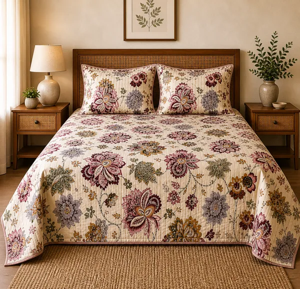 Floral_Print_Sheer_Curtain_With_Embroidered_Details_Super_King_Bedsheet_With_Quilted_Pillow_Covers_(Super_King_Size(108*108))