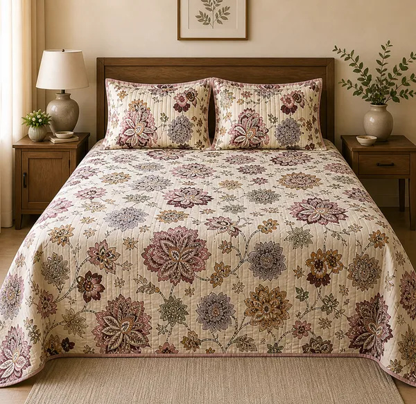 Floral_Print_Sheer_Curtain_With_Embroidered_Details_Super_King_Bedsheet_With_Quilted_Pillow_Covers_(Super_King_Size(108*108))