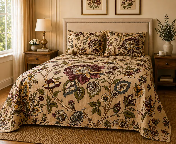 Floral_Print_With_Decorative_Bird_And_Flower_Design_Super_King_Bedsheet_With_Quilted_Pillow_Covers(Super_King_Size(108*108))