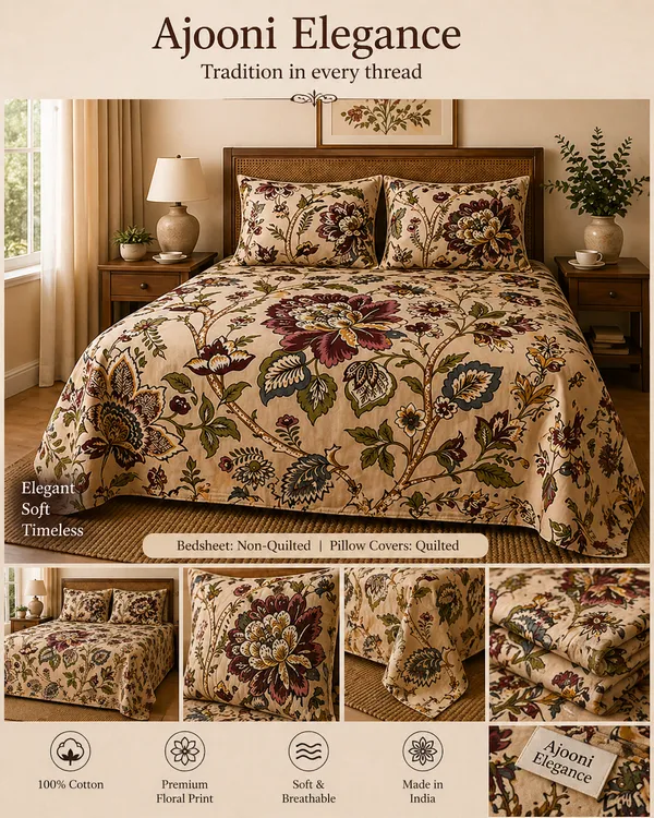 Floral_Print_With_Decorative_Bird_And_Flower_Design_Super_King_Bedsheet_With_Quilted_Pillow_Covers(Super_King_Size(108*108))