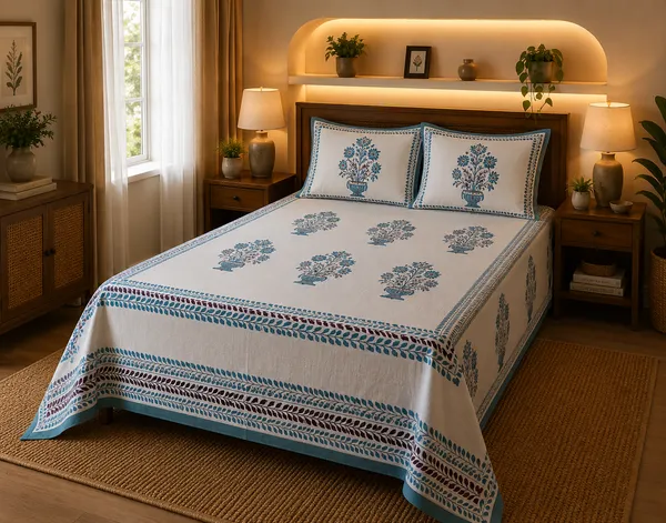 Block_Print_Cotton_Fabric_Material_King_Bedsheet_With_2_Pillow_Covers_Multicolor_Design_With_White_&_Blue(Super_King_Size(108*108))