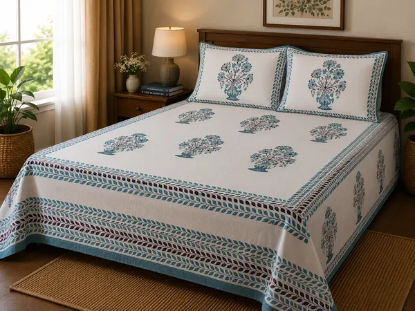 Block_Print_Cotton_Fabric_Material_King_Bedsheet_With_2_Pillow_Covers_Multicolor_Design_With_White_&_Blue(Super_King_Size(108*108))