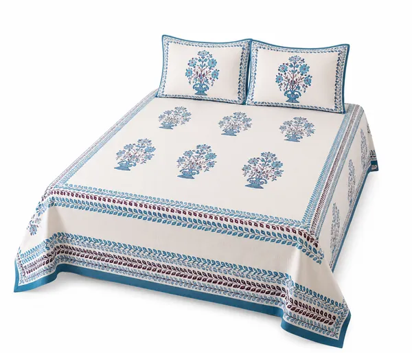 Block_Print_Cotton_Fabric_Material_King_Bedsheet_With_2_Pillow_Covers_Multicolor_Design_With_White_&_Blue(Super_King_Size(108*108))