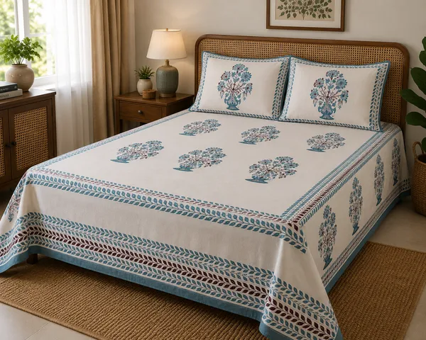 Block_Print_Cotton_Fabric_Material_King_Bedsheet_With_2_Pillow_Covers_Multicolor_Design_With_White_&_Blue(Super_King_Size(108*108))