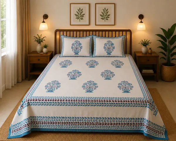 Block_Print_Cotton_Fabric_Material_King_Bedsheet_With_2_Pillow_Covers_Multicolor_Design_With_White_&_Blue(Super_King_Size(108*108))