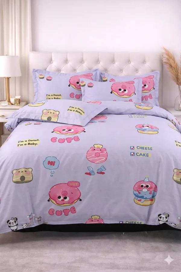 Cute_Donut_&_Cake_Print_Bedsheet_Set_With_Pillow_Covers_Purplekids_Bedsheet