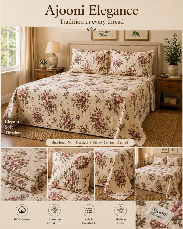 Floral_Print_Super_King_Bedsheet_With_Quilted_Pillow_Covers_With_Decorative_Butterfly(Super_King_Size(108*108))