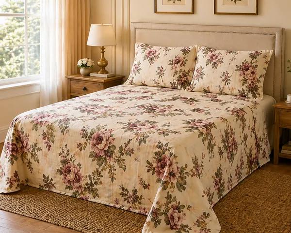 Floral_Print_Super_King_Bedsheet_With_Quilted_Pillow_Covers_With_Decorative_Butterfly(Super_King_Size(108*108))