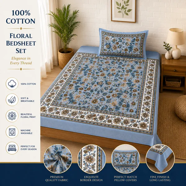Kalamkari_Print_Cotton_Fabric_Blue_&_White_Floral_Design(Single_Bedsheet)