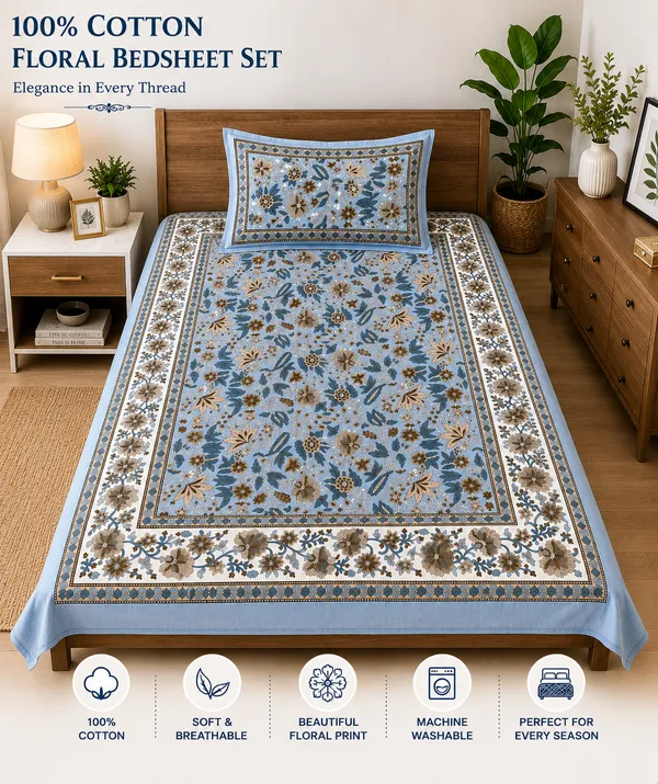 Kalamkari_Print_Cotton_Fabric_Blue_&_White_Floral_Design(Single_Bedsheet)