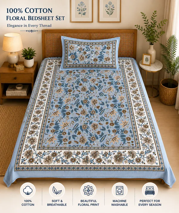 Kalamkari_Print_Cotton_Fabric_Blue_&_White_Floral_Design(Single_Bedsheet)