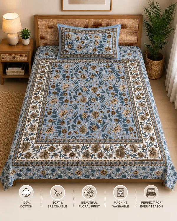 Kalamkari_Print_Cotton_Fabric_Blue_&_White_Floral_Design(Single_Bedsheet)