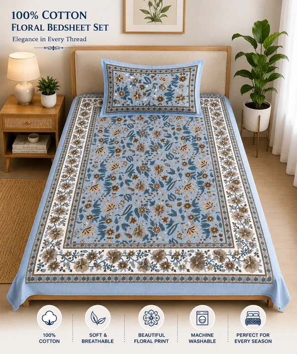 Kalamkari_Print_Cotton_Fabric_Blue_&_White_Floral_Design(Single_Bedsheet)