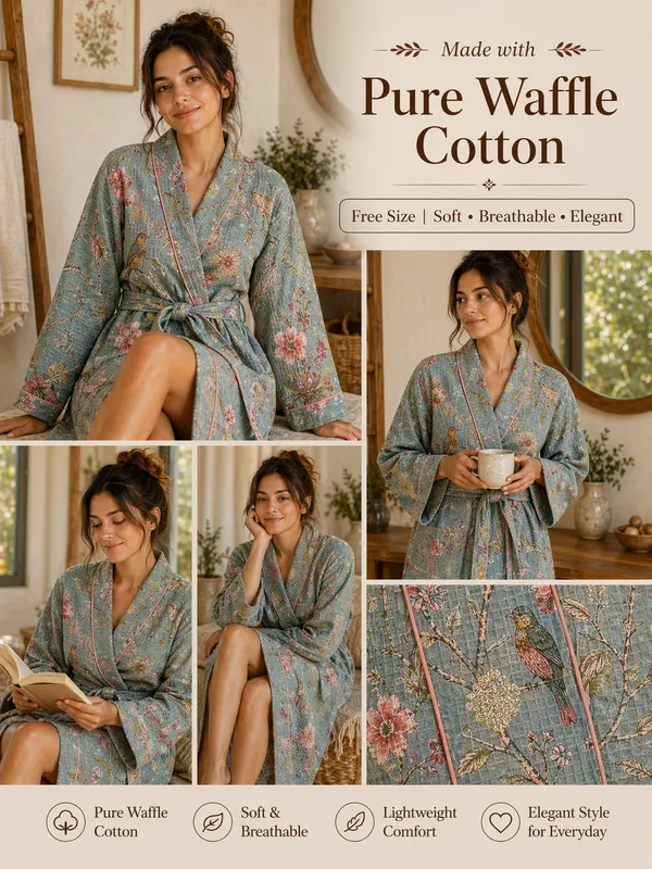 Pure_Waffle_Cotton_Floral_Print_Robe_For_Women_Free_Size