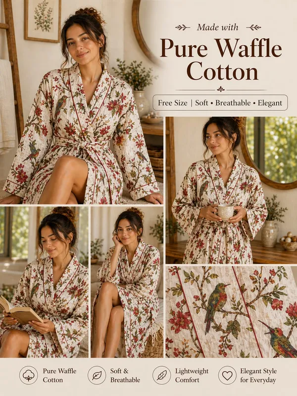 Pure_Waffle_Cotton_Floral_Print_Bathrobe_For_Women_Free_Size