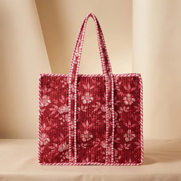 Quilted_Floral_Print_Cotton_Tote_Bag_With_Gingham_Handles_Red