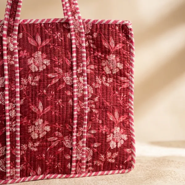 Quilted_Floral_Print_Cotton_Tote_Bag_With_Gingham_Handles_Red