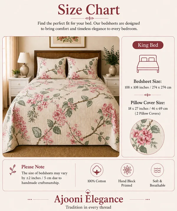 Floral_Print_Super_King_Bedsheet_With_Quilted_Pillow_Covers_Grey_Base_With_Pink_Blossom_Design(Super_King_Size(108*108))