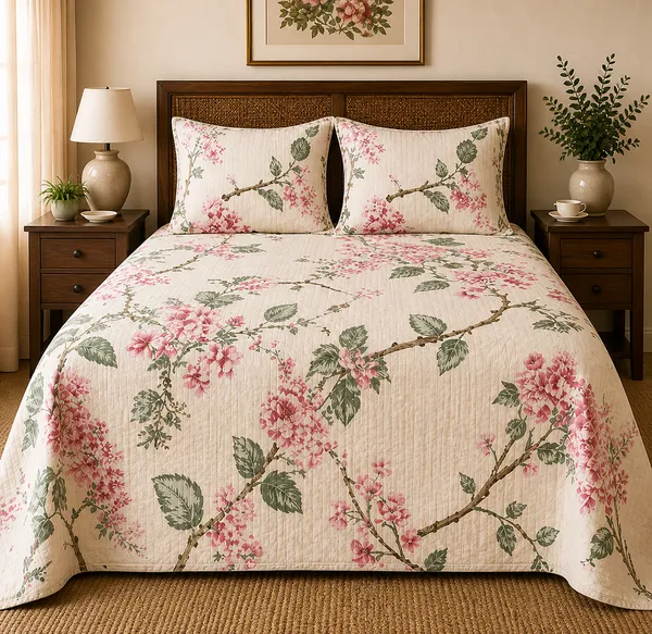 Floral_Print_Super_King_Bedsheet_With_Quilted_Pillow_Covers_Grey_Base_With_Pink_Blossom_Design(Super_King_Size(108*108))