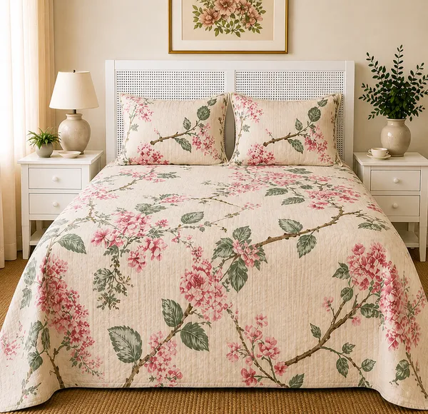 Floral_Print_Super_King_Bedsheet_With_Quilted_Pillow_Covers_Grey_Base_With_Pink_Blossom_Design(Super_King_Size(108*108))