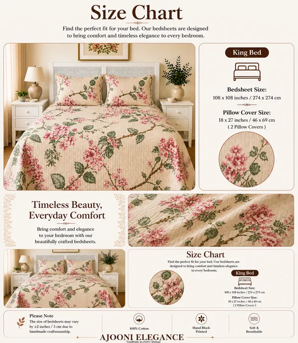 Floral_Print_Super_King_Bedsheet_With_Quilted_Pillow_Covers_Grey_Base_With_Pink_Blossom_Design(Super_King_Size(108*108))
