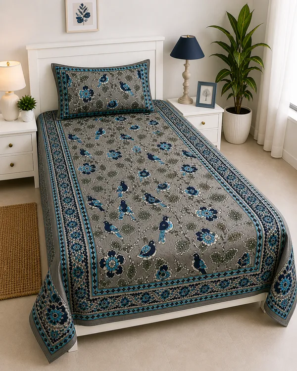 Kalamkari_Decorative_Floral_Print_Fabric_Brown_&_White_Stripe_Pattern_with_Vintage_Botanical_Design(Single_Bedsheet)
