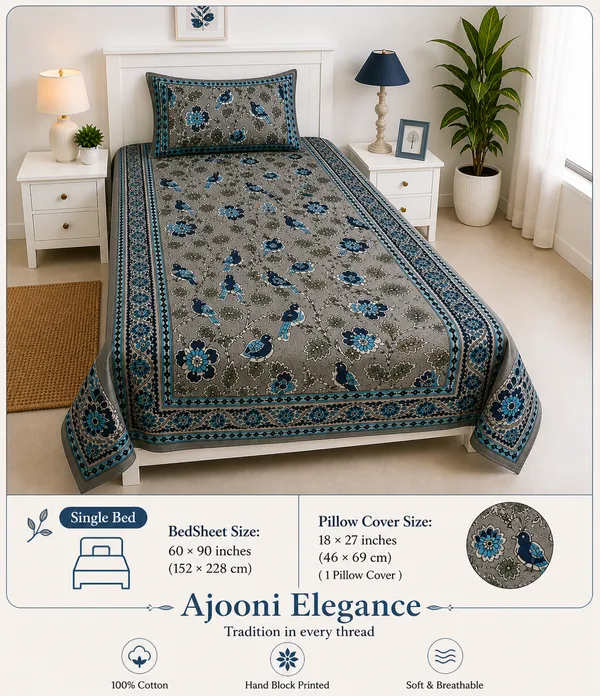 Kalamkari_Decorative_Floral_Print_Fabric_Brown_&_White_Stripe_Pattern_with_Vintage_Botanical_Design(Single_Bedsheet)