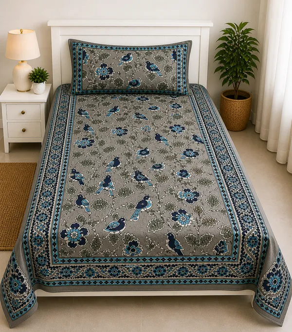 Kalamkari_Decorative_Floral_Print_Fabric_Brown_&_White_Stripe_Pattern_with_Vintage_Botanical_Design(Single_Bedsheet)