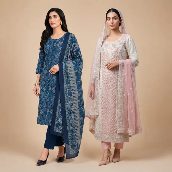 Cream_And_Navy_Blue_Tissue_Suit_Set_For_Women_Pack_Of_2