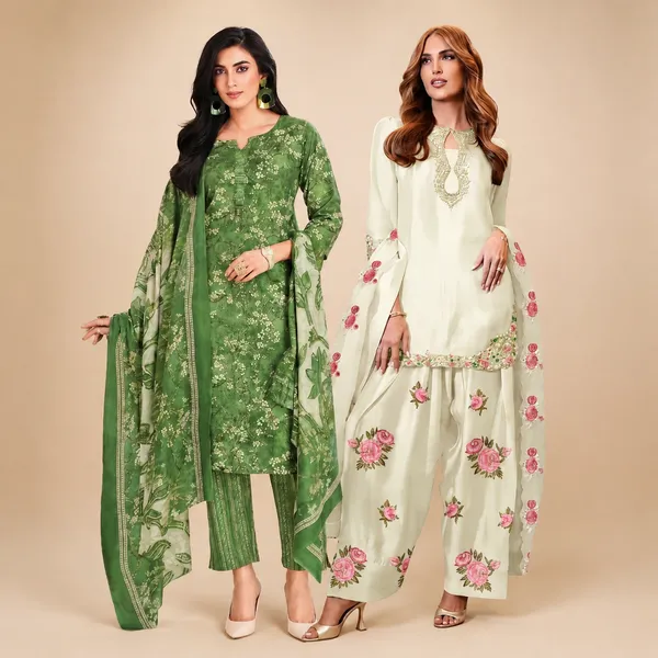 White_And_Green_Soft_Fendy_Fabric_Suit_Set_For_Women_Pack_Of_2