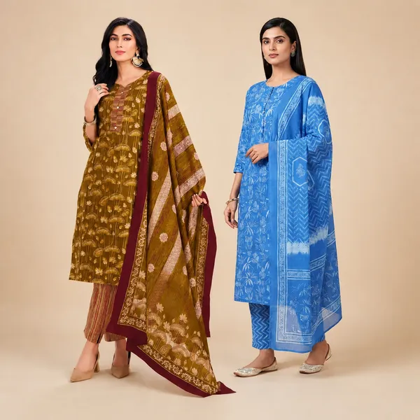 Aura Blue And Mustard Cotton Suit Set For Women Pack Of 2 Price in ...