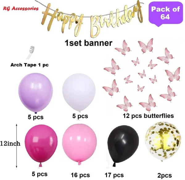 R_G_Accessories_Pink_Black_Purple_Butterfly_Balloons,_Happy_Birthday_Decoration_Kit_Purple_(Set_Of_64)