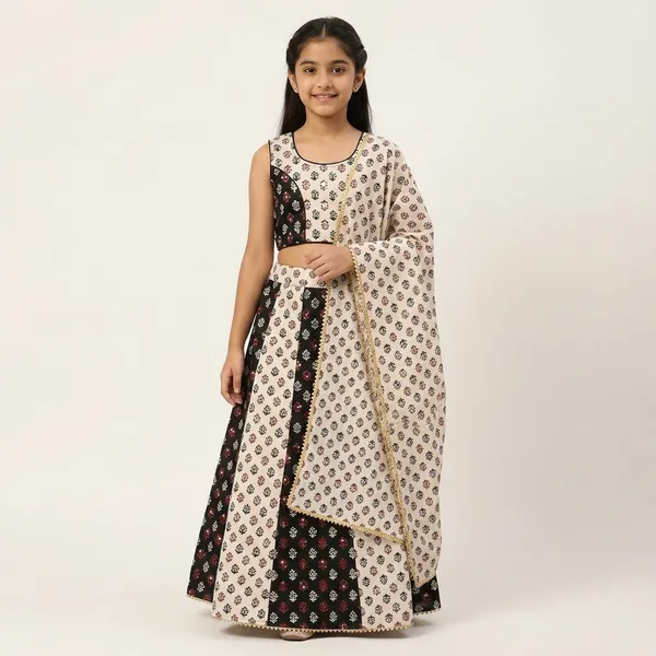 White_And_Black_Premium_Cotton_Lehenga_Choli_With_Dupatta_For_Girls