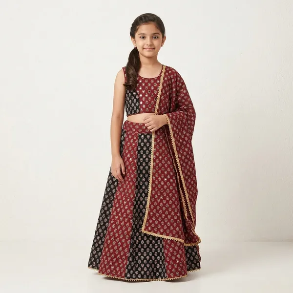 Maroon_And_Black_Premium_Cotton_Lehenga_Choli_With_Dupatta_For_Girls