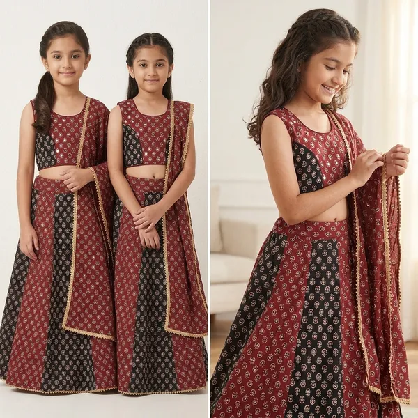 Maroon_And_Black_Premium_Cotton_Lehenga_Choli_With_Dupatta_For_Girls