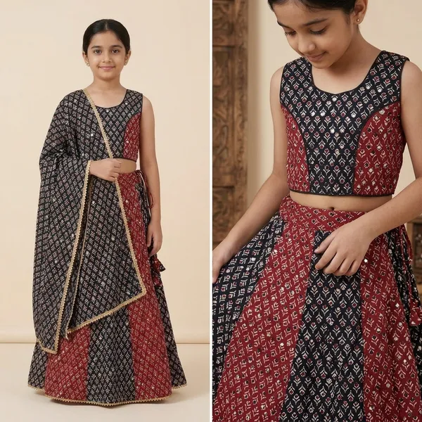 Maroon_And_Black_Premium_Cotton_Lehenga_Choli_With_Dupatta_For_Girls