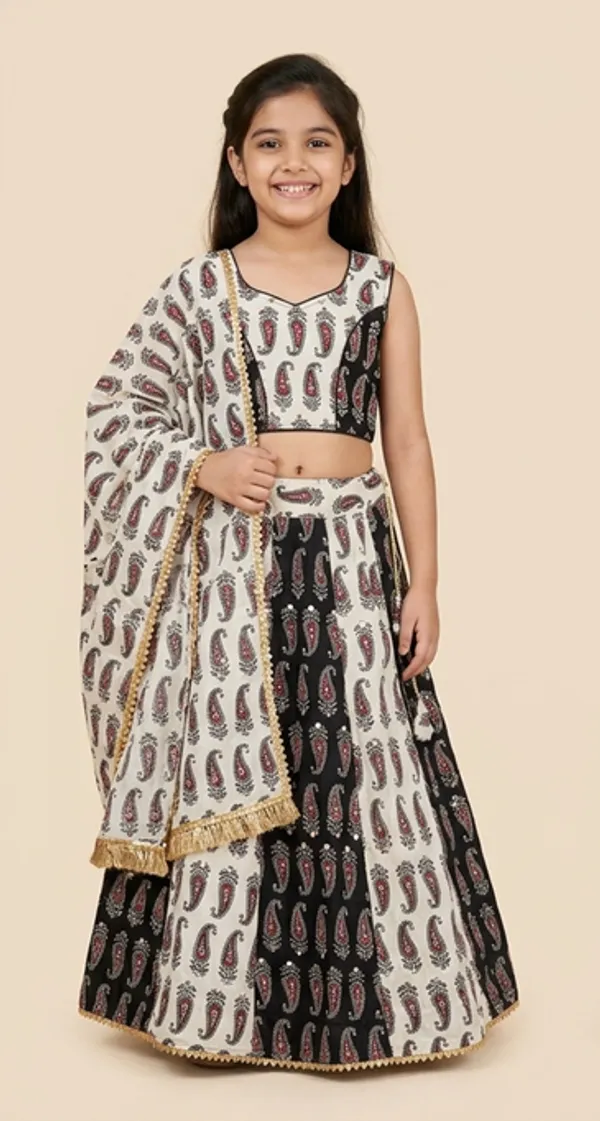White_And_Black_Premium_Cotton_Lehenga_Choli_With_Dupatta_For_Girls