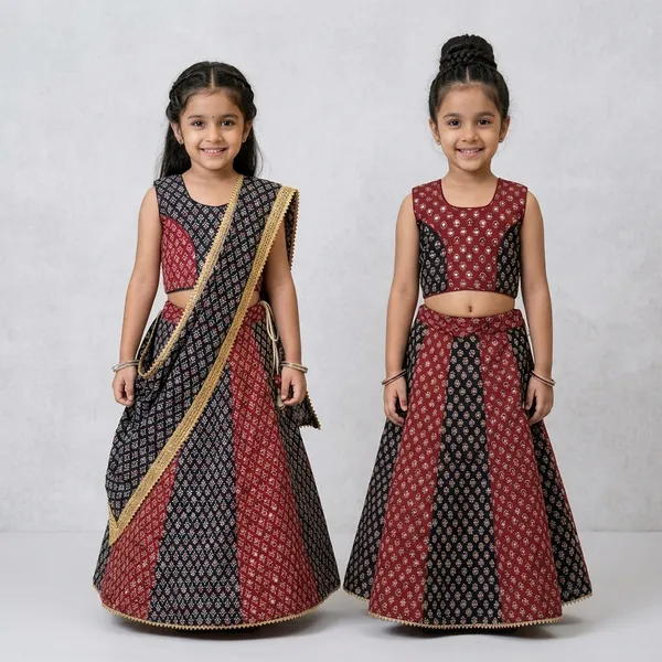 Maroon_And_Black_Premium_Cotton_Lehenga_Choli_With_Dupatta_For_Girls_Pack_Of_2