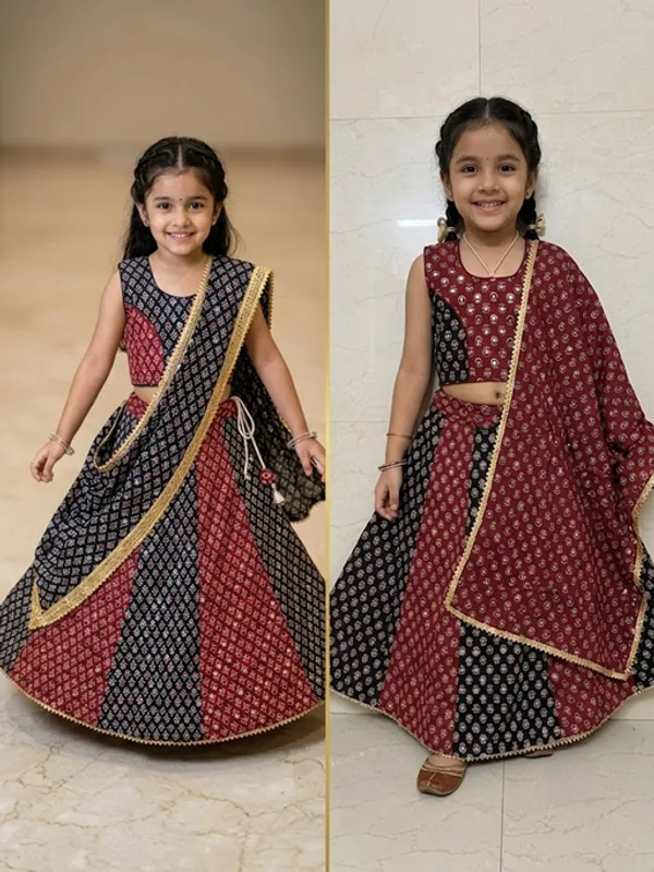 Maroon_And_Black_Premium_Cotton_Lehenga_Choli_With_Dupatta_For_Girls_Pack_Of_2