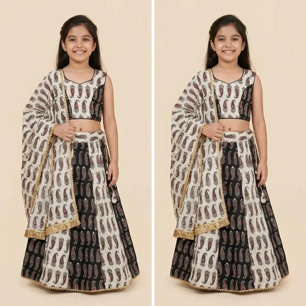 White_And_Black_Premium_Cotton_Lehenga_Choli_With_Dupatta_For_Girls