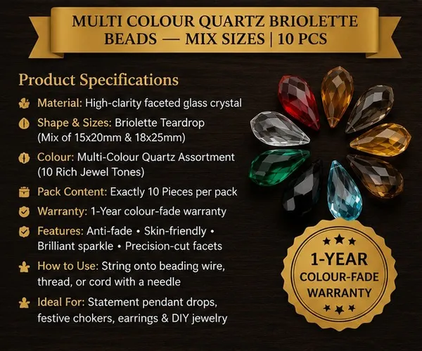 Multi_Colour_Quartz_Briolette_Teardrop_Beads_|_Mix_sizes_-_18*25_and_15*20mm_|_Pack_of_10_pcs
