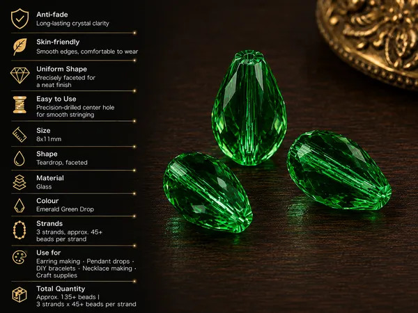 Emerald_Green_Drop_Glass_Teardrop_Beads_|_8x11mm_|_3_strands_x_45+_beads_each_(Total_135+_beads)