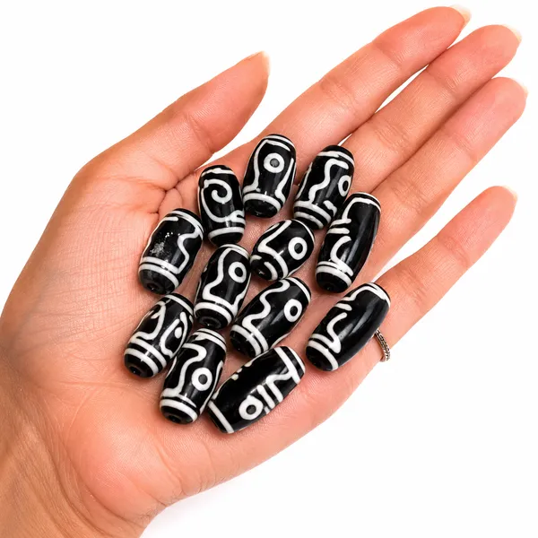 Black_Tibetan_Glass_Barrel_Beads_|_Hand_Painted_|_28x10mm_|_12_pieces