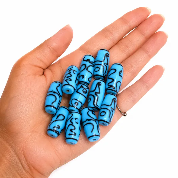 Aqua_Blue_Tibetan_Glass_Barrel_Beads_|_Hand_Painted_|_28x10mm_|_12_pieces